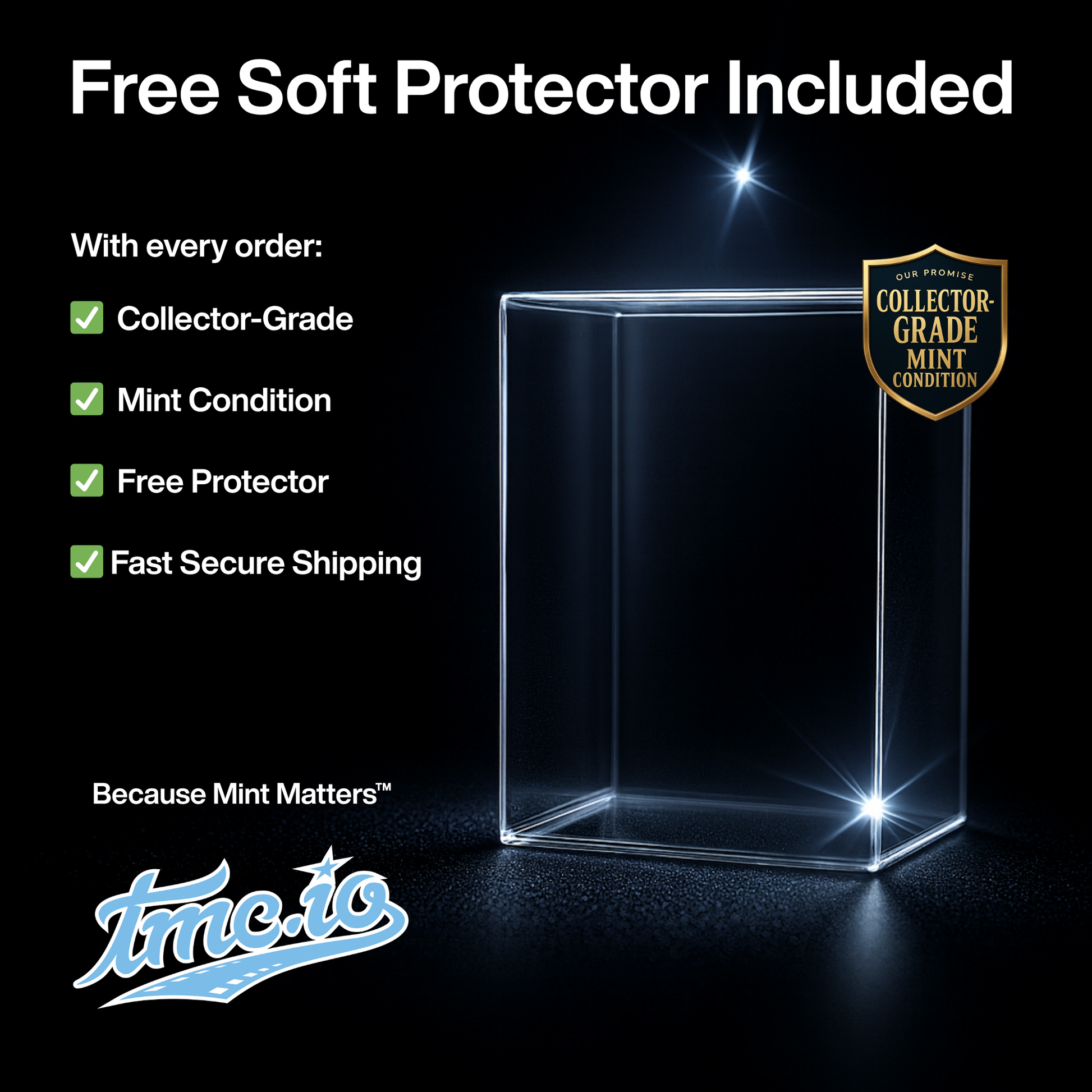 Clear protective case with text about free soft protector included for every order, on a black background.
