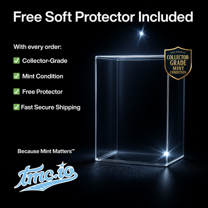 Clear protective case with text about free soft protector included for every order, on a black background.